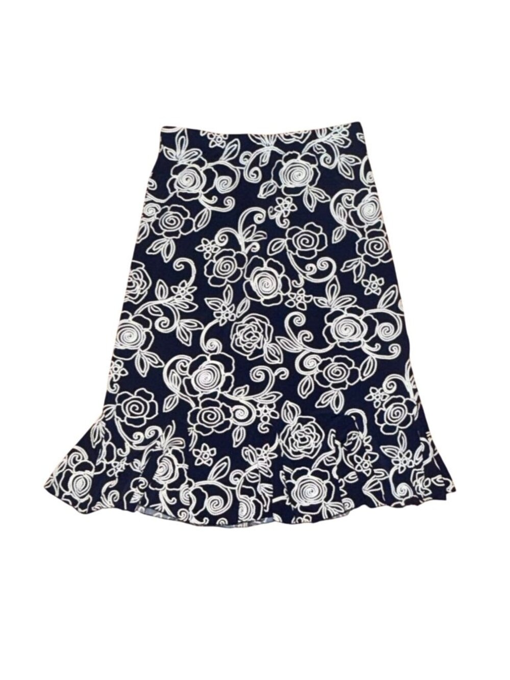 SJS Womens Ruffle Bottom Floral Midi Skirt-Navy Blue/White-Size Small-GUC